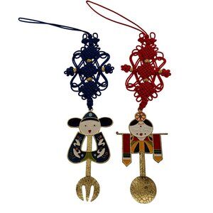 Chinese Hanging Decor Lucky Knot Enamel Metal Male Female Fork Spoon